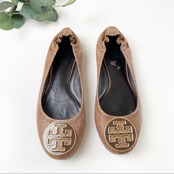 Tory Burch Shoes - Tory Burch Brown Pebbled Leather Reva Ballet Flats